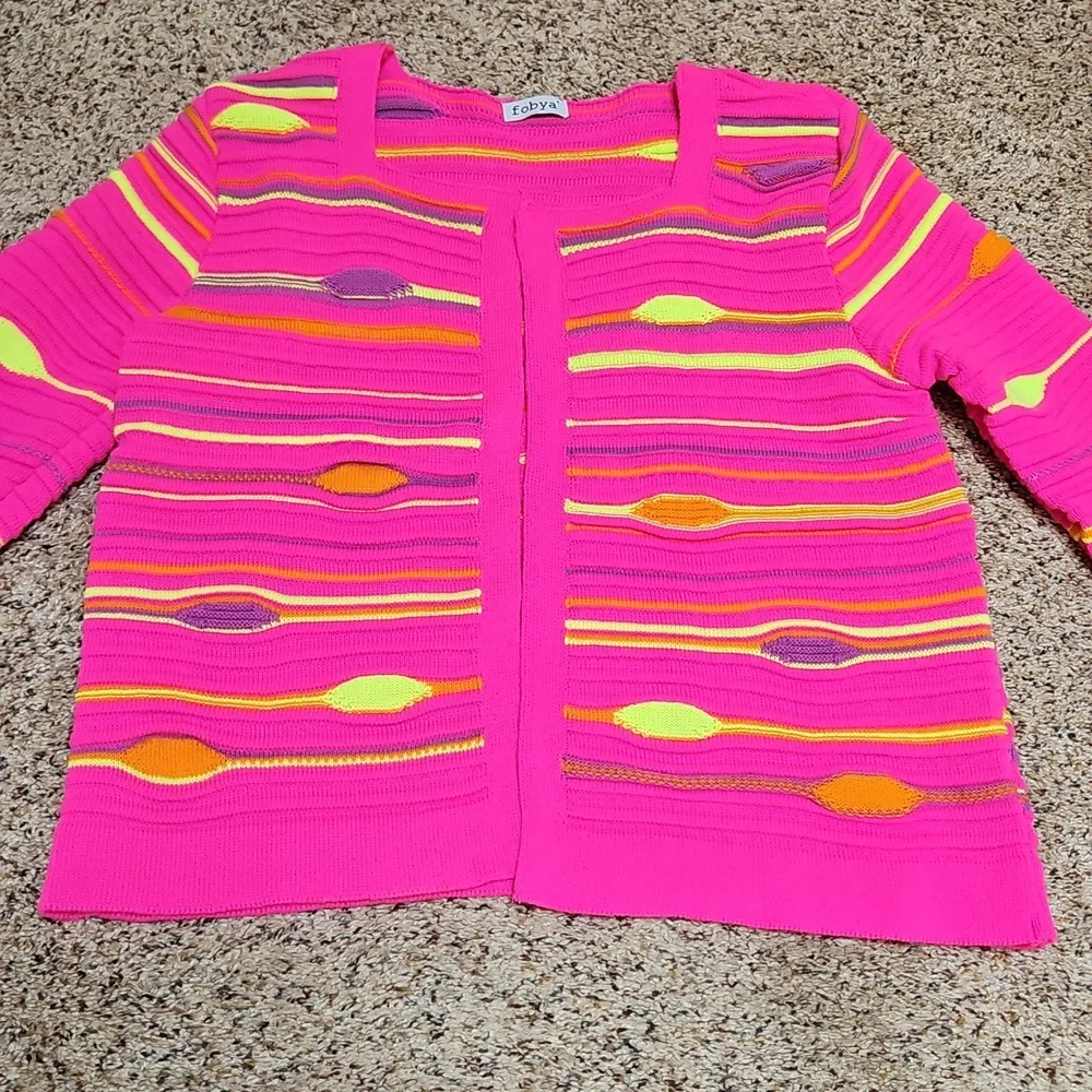 FOBYA Vibrant, Bright Pink and Yellow NEON Knit Cardigan Sweater - L